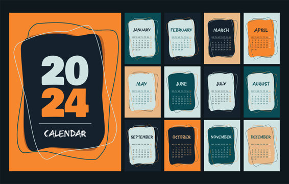 Calendar 2024 template, orange, green, peach, white and black desk calendar design. Week start On Monday, planner, stationery, wall calendar. Vector illustration