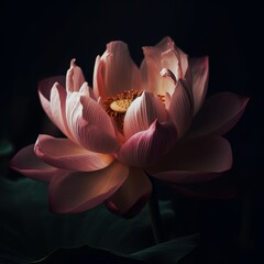 a large pink lotus flower with green leaves on a black background