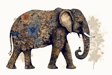 a drawing of an elephant with flowers on it
