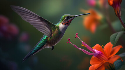 Fototapeta na wymiar Hummingbird near a flower. AI Generative