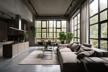 industrial home with minimalist design, sleek furniture and neutral colors, created with generative ai