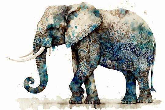 an elephant painted in blue and white on a white background