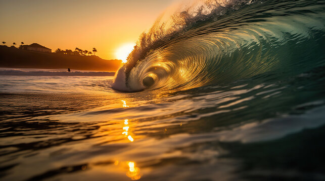 Indonesia a perfect wave sunset light, image with grain, highly detailed. AI Generative