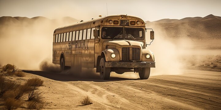 AI generated. AI Generative. Photo realistic illustration of bus riding in the desrt on the road. Graphic Art