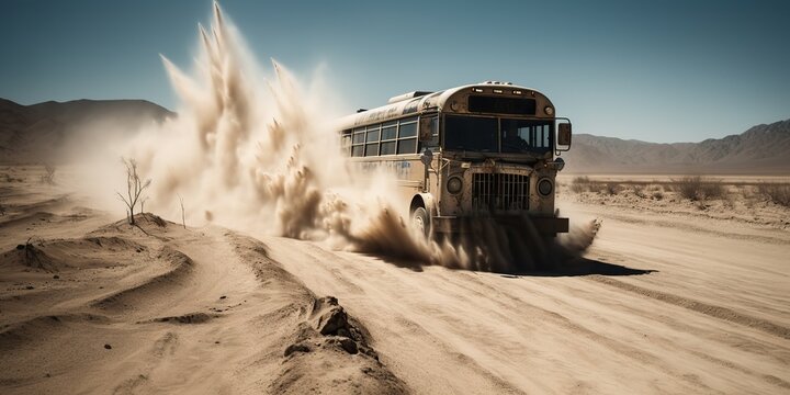 AI generated. AI Generative. Photo realistic illustration of bus riding in the desrt on the road. Graphic Art
