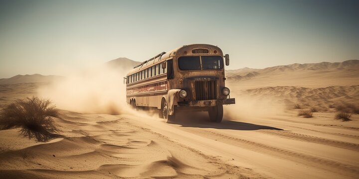 AI generated. AI Generative. Photo realistic illustration of bus riding in the desrt on the road. Graphic Art