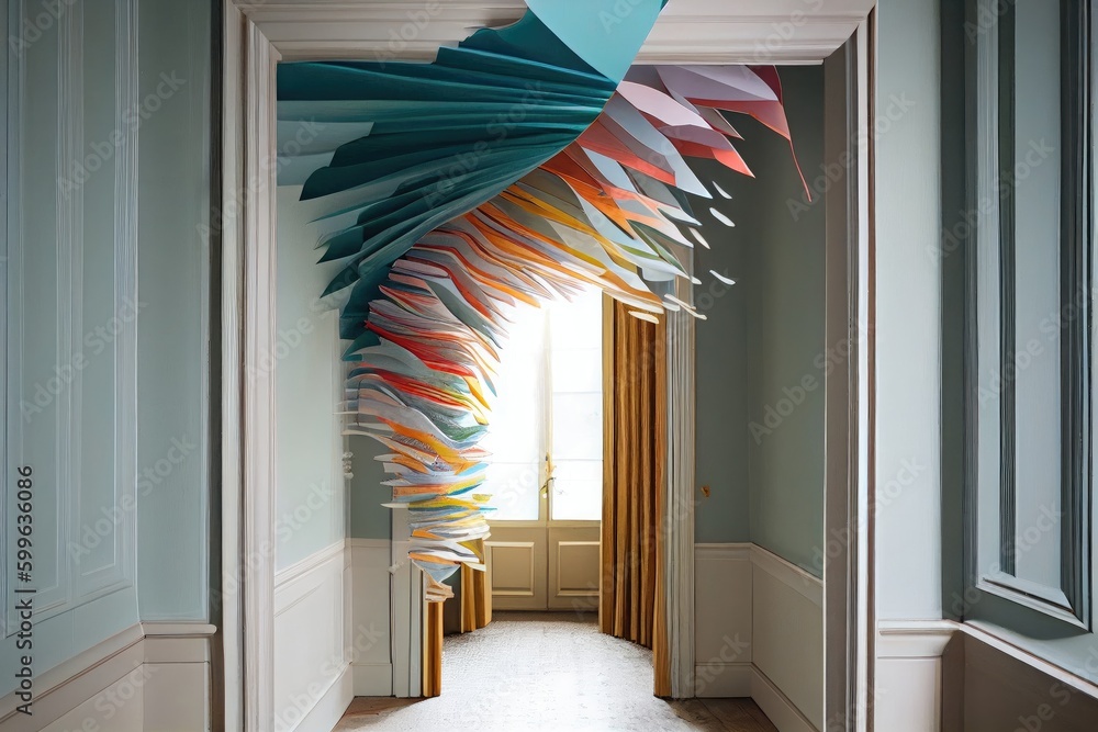 Sticker paper streamer hanging above a doorway, creating an elegant and inviting entryway, created with generative ai