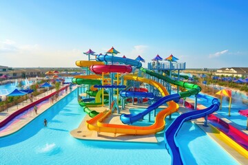 water park with vibrant and colorful slides, surrounded by blue waters, created with generative ai