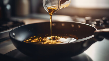 Man pouring sunflower oil on frying pan in kitchen. AI Generative - obrazy, fototapety, plakaty