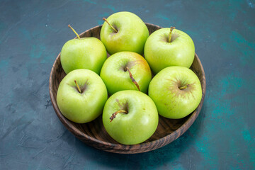 front view green apples fresh and mellow ones on dark-blue desk fruit fresh plant tree mellow