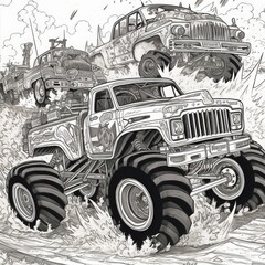 Coloring page black and white drawing of a monster truck
