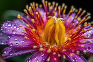 close-up of colorful and vibrant flower, with pollen visible on the petals, created with generative ai