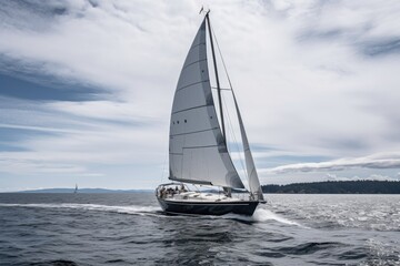 Fototapeta premium cruising sailboat with white sails billowing in the wind, created with generative ai