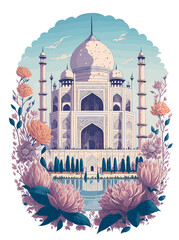Fototapeta Explore the 7 Marvels of Today: Taj Mahal India Vector Art with Floral Surroundings - Perfect for Stickers and Printing! obraz