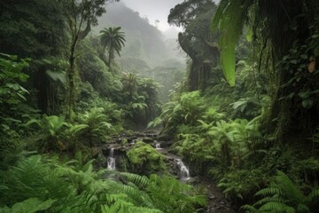 lush jungle landscape with waterfall and misty rain clouds, created with generative ai