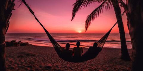 A beach summer vacation with a silhouette of a couple in a hammock at sunset on a tropical island. Beautiful beach and palm trees. (generative AI)