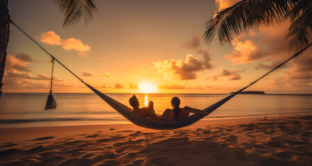 A beach summer vacation with a silhouette of a couple in a hammock at sunset on a tropical island. Beautiful golden light. (generative AI)