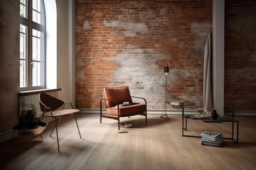 minimal interior with vintage furniture and exposed brick walls, created with generative ai