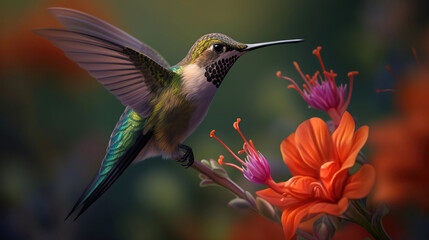 Hummingbird near a flower. AI Generative