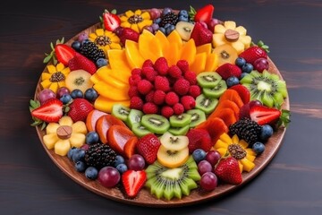Naklejka na ściany i meble fruit plate with various fruits and berries, arranged in beautiful and creative way, created with generative ai