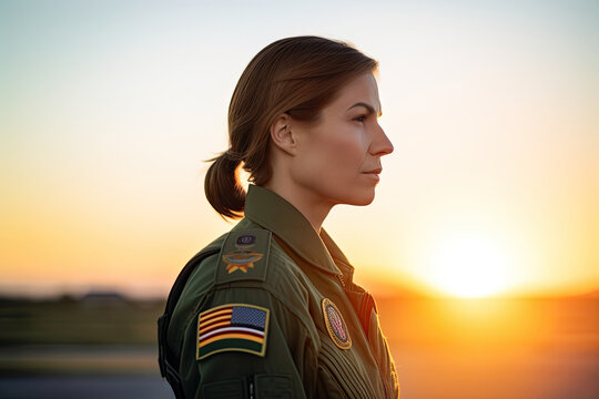 AI generating illustration side view of a confident young military woman in camouflage uniform looking away at the sunset on the street