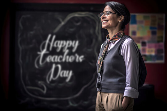 Generative AI illustration of happy ethnic female teacher in glasses and casual wear smiling and looking away while standing near chalkboard with inscription on background in classroom during holiday