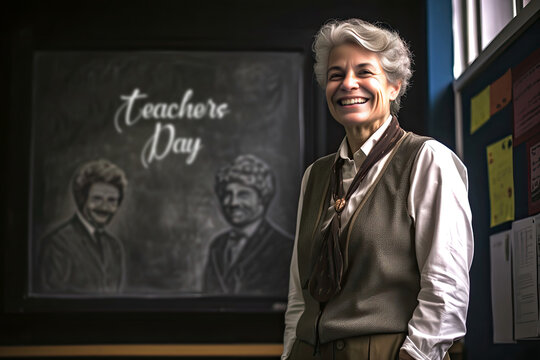 Generative AI illustration of happy senior female teacher in elegant outfit with gray hair smiling and looking away against chalkboard with picture and Teachers day inscription in school