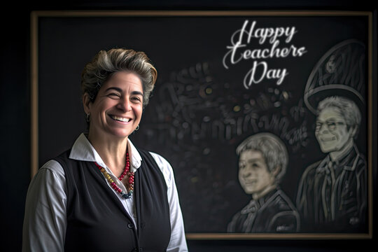 AI-generating illustration of a happy senior teacher with a stylish outfit and grey hair smiling and looking away with a picture in the background celebrating the teacher's day at school