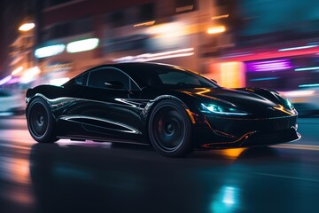 Obraz na płótnie Canvas Sports car riding on a city road at night. Car in fast motion. Fast-moving car at night. Fast-moving supercar on the street. 