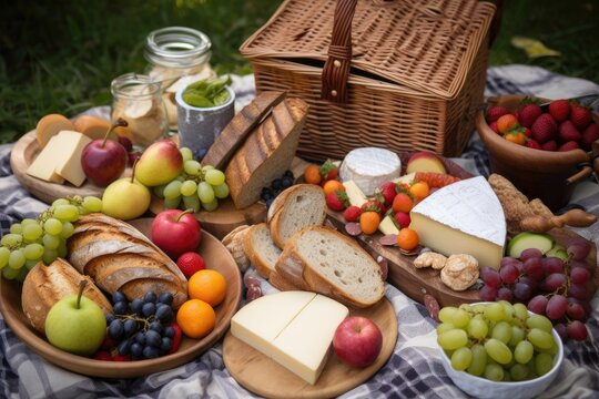 picnic basket overflowing with fruits, cheeses, and breads, created with generative ai
