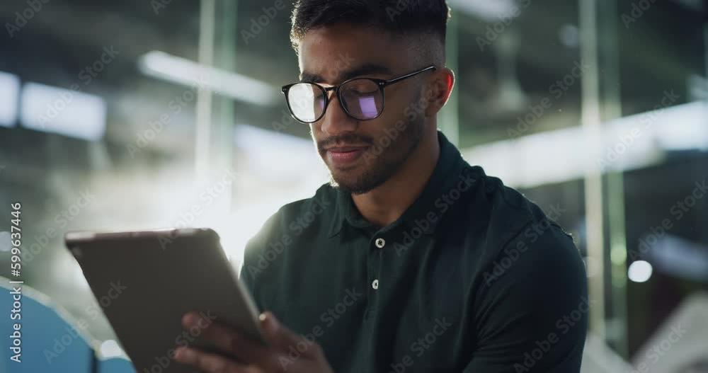 Aufkleber tablet, online and businessman typing email on the internet or working on a project in a tech startu