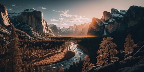 AI Generated. AI Generative. Photo realistic illustration of usa american national park in the evening morning. Adventure explore vibe. Graphic Art