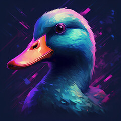 3D Duck illustration in pink blue neon, glow in the dark, ultraviolet, futuristic wallpaper, animal wallpaper, generative AI