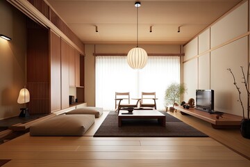 Obraz premium japanese-style living room with minimalist furniture and refined decor, created with generative ai