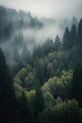 Misty sea of trees wallpaper, illustration, generative AI