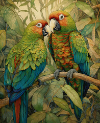 two colorful parrots on a branch in the jungle, realistic watercolor illustration, macaws, generative ai