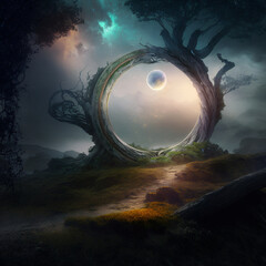 Fantasy landscape illustration of a circular tree and magical sky, generative AI