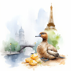 Watercolor bird in Paris having desserts, generative AI