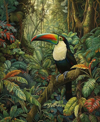 Toucan in the jungle, watercolor animal portrait, generative AI