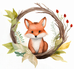 Cute red fox illustration, generative AI