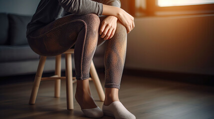 Young woman suffering from leg pain at home. Generative AI