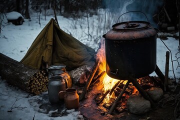 campfire, with evaporator and bucket of sap warming nearby, created with generative ai - obrazy, fototapety, plakaty