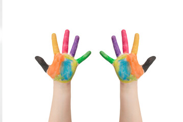 children's hands painted on a white background with clipping path. Colored hands.