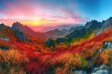 Plakat majestic mountain range with a sunrise, showcasing the vibrant colors of the sunrise and sky, created with generative ai