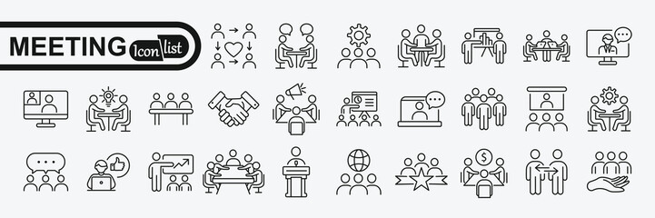 Meeting line icon set. Included icons as meeting room, team, teamwork, presentation, idea, brainstorm and more. - obrazy, fototapety, plakaty