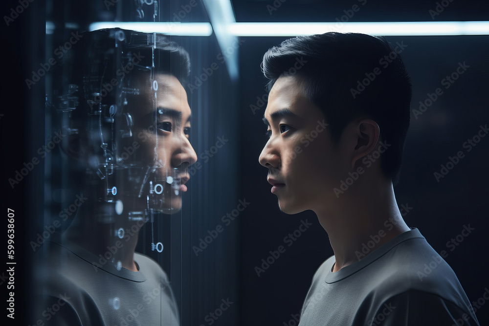 Poster person looking at a digital artificial intelligence version of themselves. deep fake. generative ai