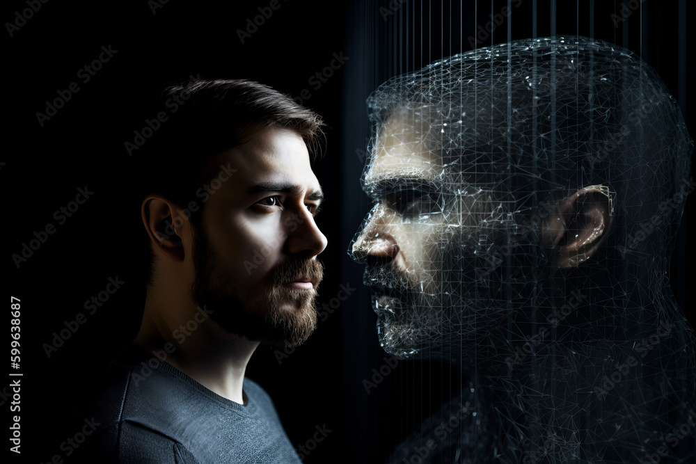 Poster person looking at a digital artificial intelligence version of themselves. deep fake. generative ai
