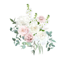 Silver sage green and blush pink flowers vector design bouquet. Dusty mauve rose, white dahlia, hydrangea, matthiola