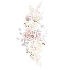 Boho beige and blush trendy vector design vertical bouquet. Pastel pampas grass, ivory rose, creamy magnolia