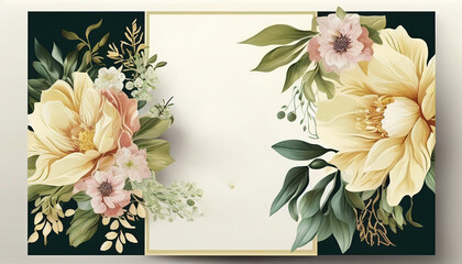 A floral frame with flowers on it, blooming love beautiful floral wedding invitation banner, Generative AI